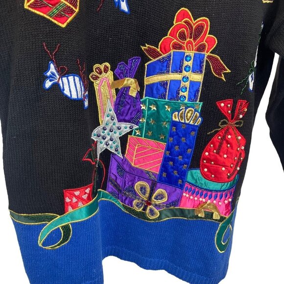 Yarn Works Vintage NEW with Tags Beaded Christmas Holiday Sweater Black Ladies S - Picture 4 of 7